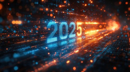 Futuristic digital representation of the year 2025 with glowing particles.