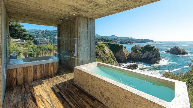Oceanview luxury bath, cliffside home, coastal relaxation