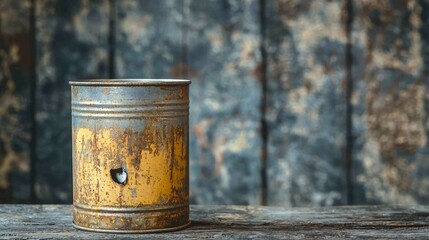 Naklejka premium Vintage Tin Can with Small Dent on Side Against Rustic Background