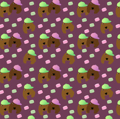 seamless pattern with spaniel dogs and macaroons on purple background, vector illustration, eps 10