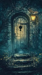Fototapeta premium Whimsical Illustration of a Magical Door with Lantern and Nature