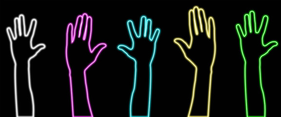 Raised neon hands of volunteers from diverse ethnic groups, symbolizing unity and support. A vibrant vector illustration on the theme of community and help. 