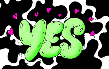 green letters yes with curve elements for greeting card, heart, poster, sticker, Vector illustration pattern objects black ink, white background