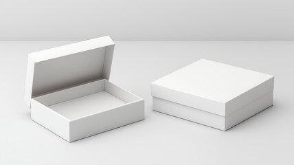 Two white cardboard boxes, one open and one closed, on a white background, symbolizing packaging, delivery, storage, and organization.
