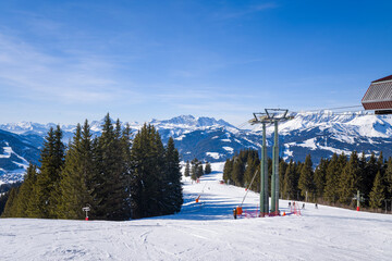 The chairlifts of Mont d Arbois in Megeve in Europe, France, Auvergne Rhone Alpes, Haute Savoie,...