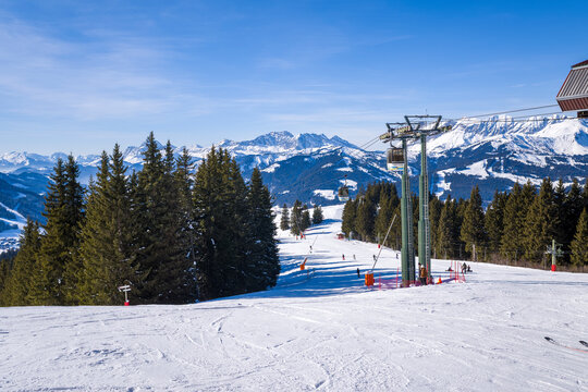 The chairlifts of Mont d Arbois in Megeve in Europe, France, Auvergne Rhone Alpes, Haute Savoie, Megeve, in summer, on a sunny day.