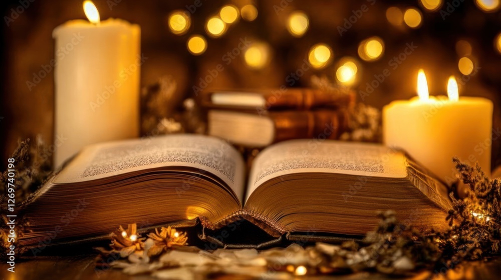 Poster open book surrounded by candles and soft bokeh lighting