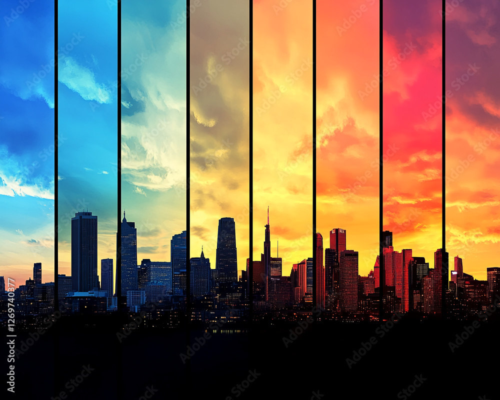 Poster a vibrant city skyline in panels with a gradient of colors, symbolizing the beauty of urban life at 