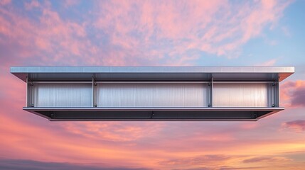 Obraz premium The dynamic view of an industrial crane hoisting a steel beam is accentuated by the warm hues of a vibrant sunset, offering a stark contrast to the cold metal in the urban environment