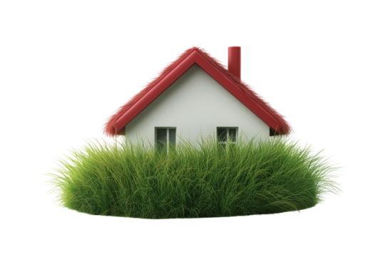  a small house with a red roof and green grass isolated on a transparent background