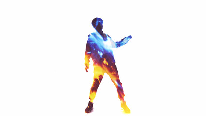 Dancer energy. Breakdance performance. Orange blue glowing sparks double exposure silhouette of guy enjoying street style movements isolated on white empty space background.