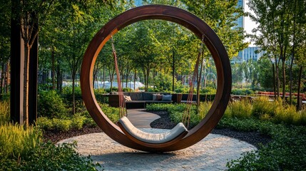 Modern Artistic Swing Set in Serene Garden Landscape Sculpture