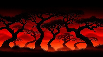 Red sunset silhouettes of twisted trees in a savanna.