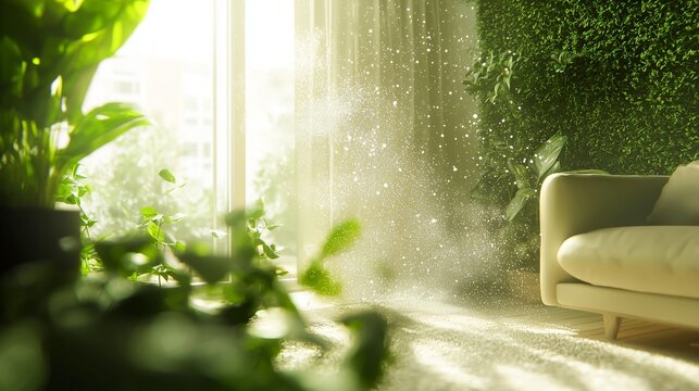 Lush plants and sunlight in a room symbolize fresh air and healthy breathing environment.