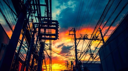 Intricate Network of Overhead Air Pipes Against a Colorful Sky