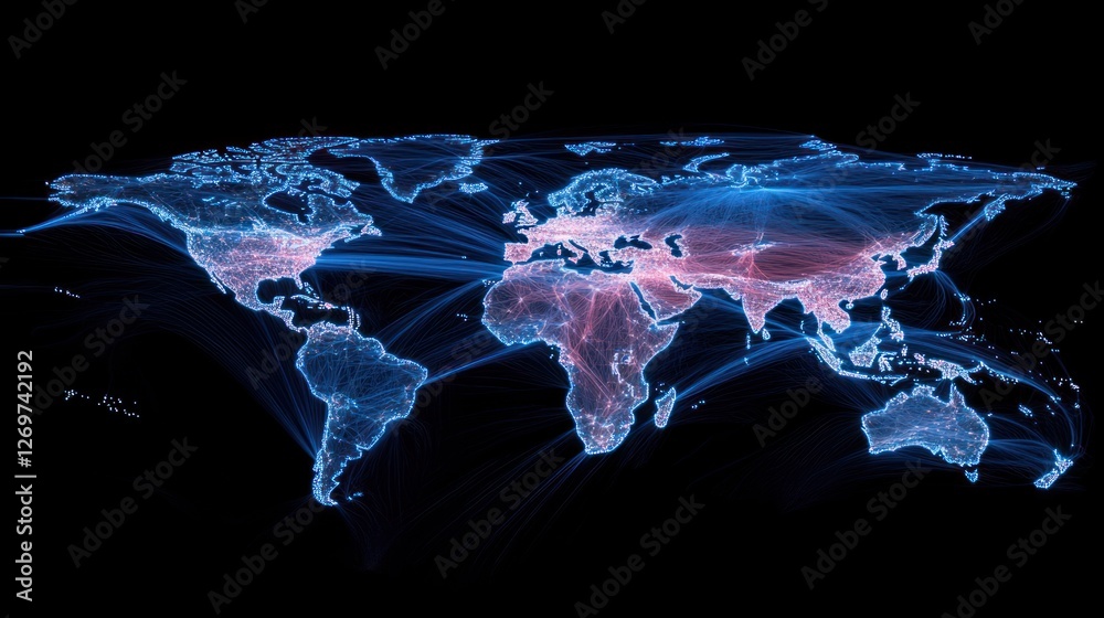 Poster Global network displayed on world map with light streams