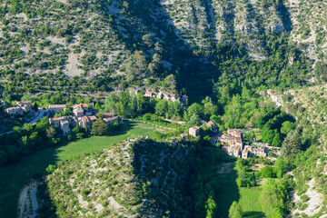The village of Navacelles in Europe, France, Occitanie, Herault, Navacelles, in summer, on a sunny day.