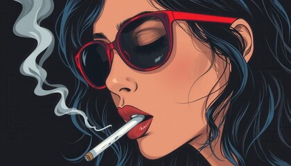 Fototapeta premium Pop Art Woman with Red Sunglasses and Cigarette Smoke on Black Background