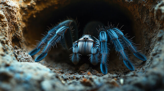 Close-up of a tarantula emerging from its burrow in a tropical rainforest, perfect for wildlife photography, nature documentaries, and educational content on arachnids.