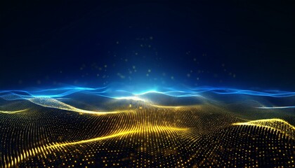 blue yellow digital particle wave and light background cyber or technology background