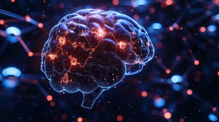 3D illustration of a digital brain with glowing neural pathways and data visualizations.