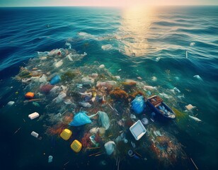 various rubbish and garbage mostly plastic floating on sea surface view from above ocean great garbage patch concept generative ai