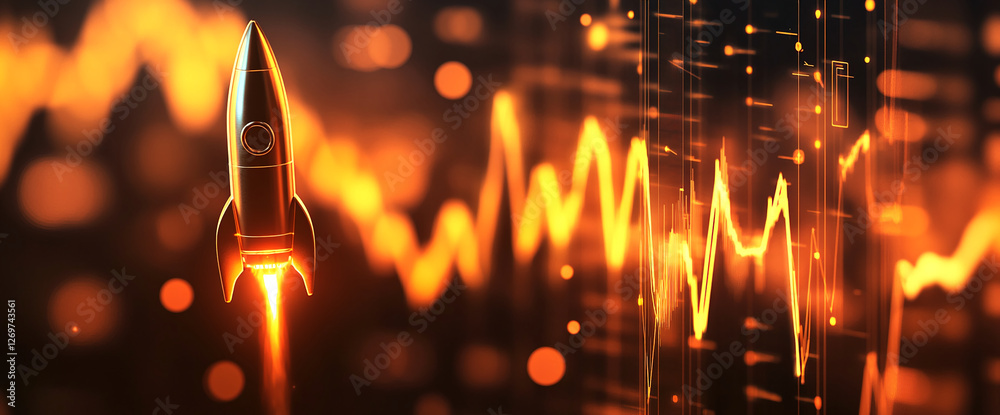 Poster a golden rocket soaring through digital data with fiery exhaust, symbolizing progress, innovation, a