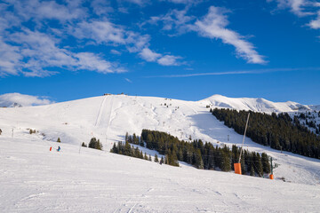 The ski slope in Megeve in Europe, France, Auvergne Rhone Alpes, Haute Savoie, Megeve, in summer,...
