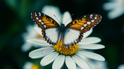Vibrant butterfly resting on a daisy with dewdrops, illuminated by soft light, symbolizing freshness and natural beauty