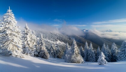 winter landscape featuring trees adorned with hoarfrost and snow capturing the serene beauty of a frosty mountain scene