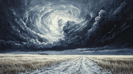 Snowstorm on the Horizon â€“ Dark clouds gathering over an open field, and a snowstorm approaching quickly, with wind whipping the snow into wild swirls.