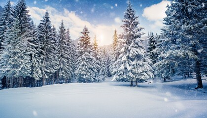 snow covered trees in winter landscape serene atmosphere with falling snowflakes creating a peaceful natural scene