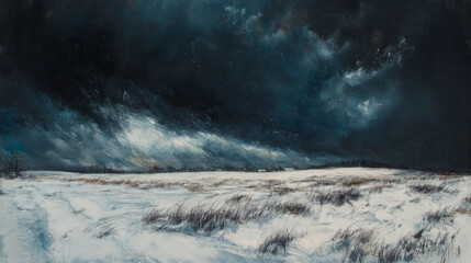 Snowstorm on the Horizon â€“ Dark clouds gathering over an open field, and a snowstorm approaching quickly, with wind whipping the snow into wild swirls.