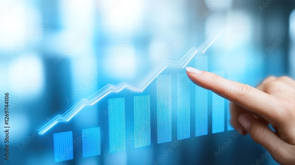 Poster Finger points to a digitally rendered increasing bar graph