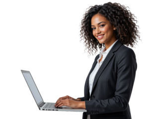 businesswoman with a laptop standing at copy space on a transparent PNG background.