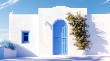 Naklejka premium Minimalist white Mediterranean house with blue door and window under bright sunlight and clear sky