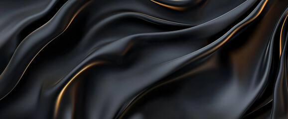 Close-up view of luxurious black satin fabric with smooth folds and shine, symbolizing elegance, sophistication, and luxury.
