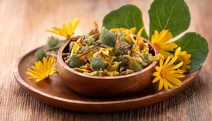 tribulus terrestris herbal remedy in wooden bowl with dried leaves and flowers showcasing traditional medicine uses and natural wellness benefits