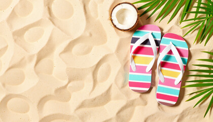 Colorful flip-flops on fine sand beach with coconut drink, summer vibes, copy space
