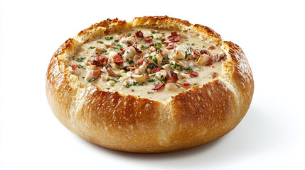 Bundle of clam chowder soups in a sourdough bread bowl isolated on white background.