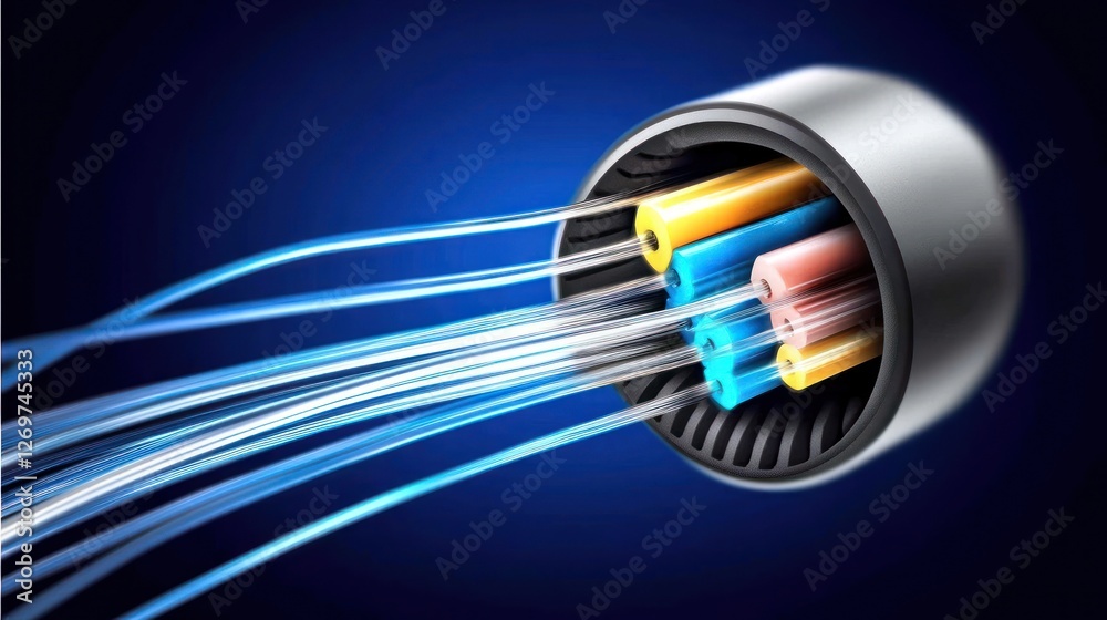 Poster fiber optic cable sending data through multiple colored strands