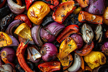 Close up of a variety of vegetables including onions, peppers, and tomatoes