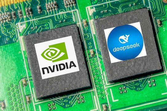 electronic circuit board with logos from AI companys nvidia and deepseek