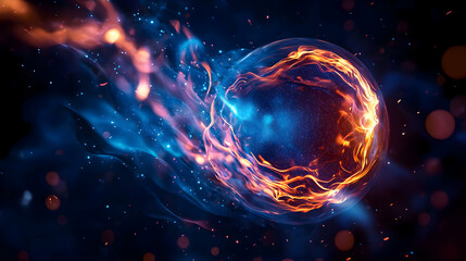 Abstract Energy Sphere with Blue and Orange Plasma Glowing in Dark Space