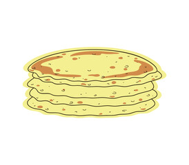 Stack of fresh pancakes, color illustration, flat design, hand-drawn, isolated on white, vector. Sweet delicious dessert for breakfast. An element for design, decoration, Carnival, poster, banner