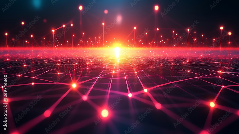 Poster abstract data network landscape with glowing nodes and interconnected lines