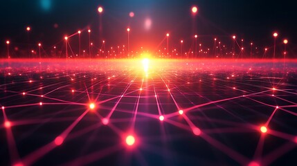Obraz premium Abstract Data Network Landscape with Glowing Nodes and Interconnected Lines