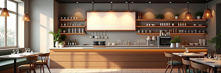 Blank menu board hanging in modern restaurant eatery cafe shop interior Modern Contemporary Food Service Industry Architecture Banner