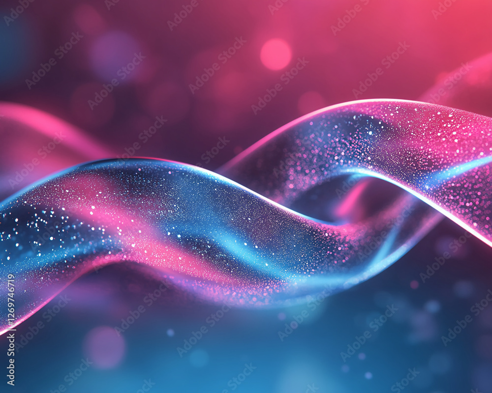 Poster close-up of glowing neon blue and pink liquid twists, sparkling with particles in a futuristic, abst