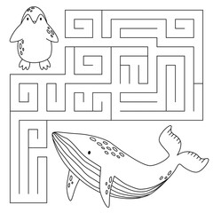 Animal maze game for kids. Cute whale looking for a way to the penguin. Printable worksheet with solution for school and preschool. Vector cartoon illustration. 
